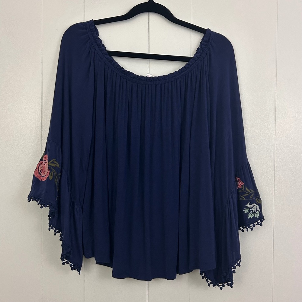 Xhilaration Navy Blue Floral Embroidered Off The‎ Shoulder Bell Sleeve Blouse M